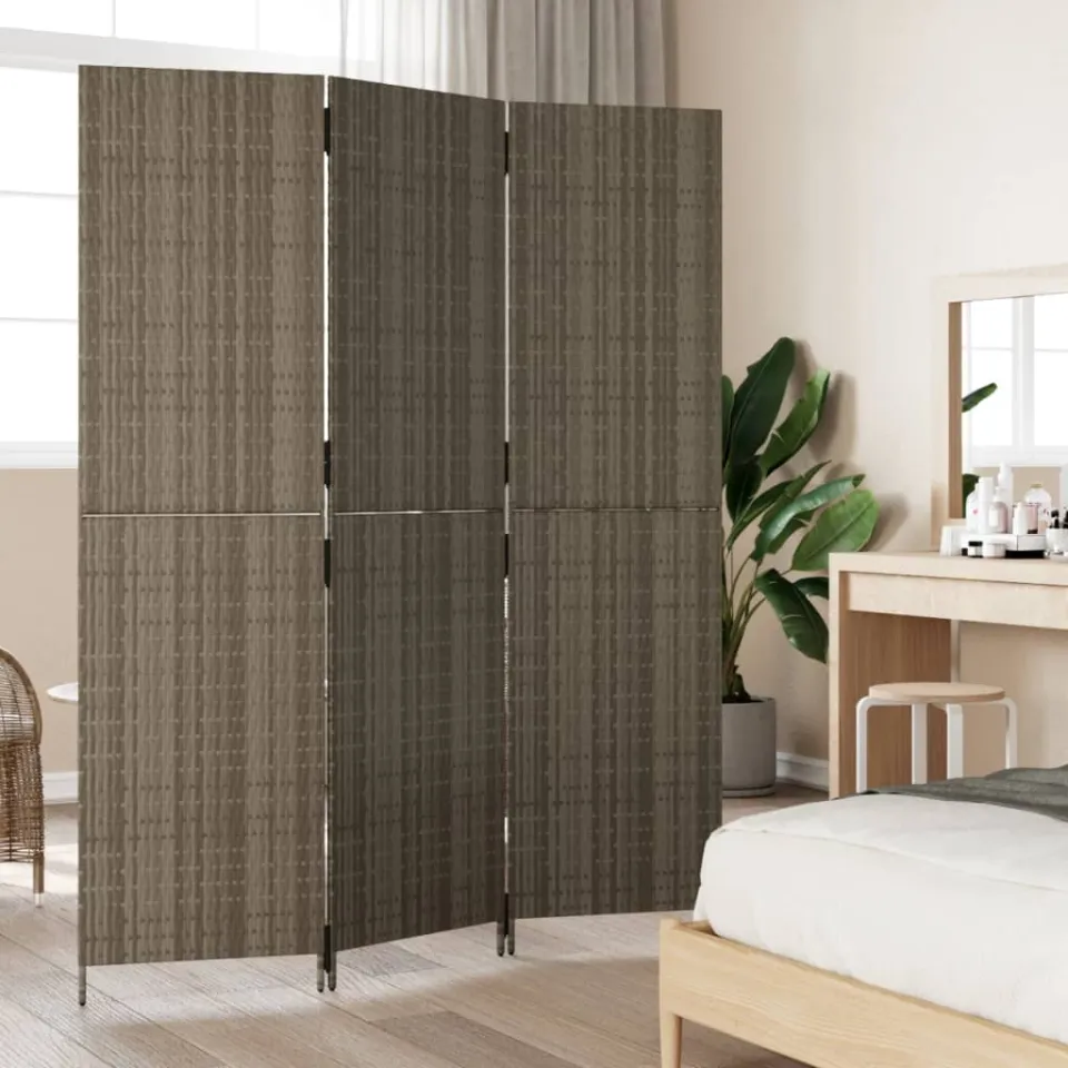 vidaXL Kamerscherm 3 panelen poly rattan grijs, foto 3