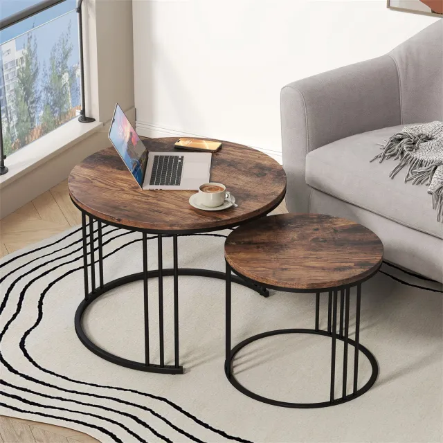 Danky Ronde Salontafel Set van 2 - Warme Houtlook Blad - Zwart Industrieel Frame - Compact 60 x 60 x 40 cm