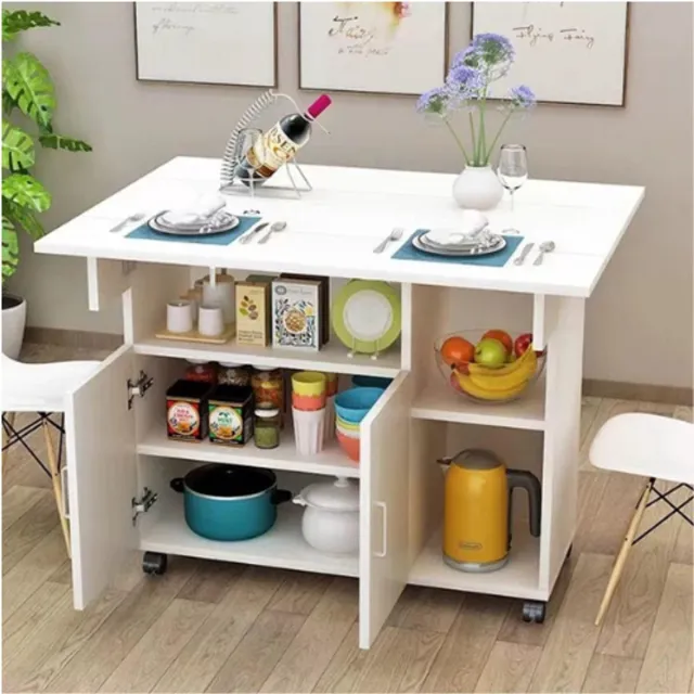 BAKAJI Multifunctionele Eettafel Met Planken - Ruimtebesparend Design Met Opbergruimte En Deuren - Verrijdbare MDF Houten Tafel - Modern Bureau En Eettafel In Eén - Slimme Opklapbare Opbergtafel WIT