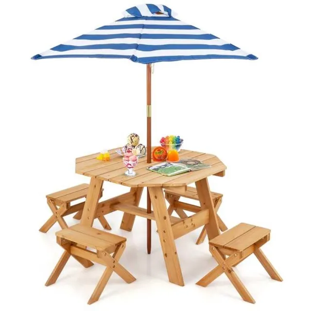 GranMaison Picknicktafel - Kinderen - Tuintafel - Multifunctionele Picknick tafel - Met parasol - Speeltafel - Geschikt voor Buiten - Dennenhout Natuurlijk hout