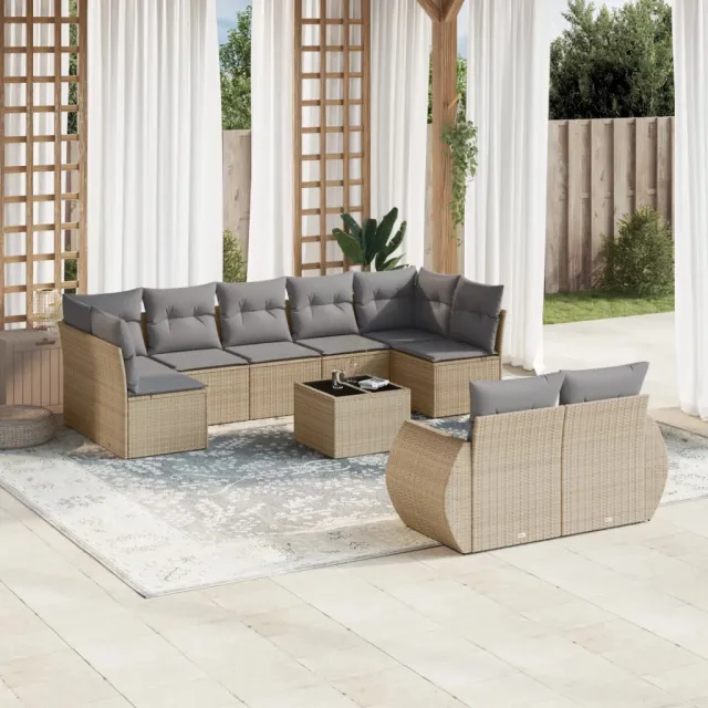 vidaXL 10-delige Loungeset met kussens poly rattan beige, foto 2