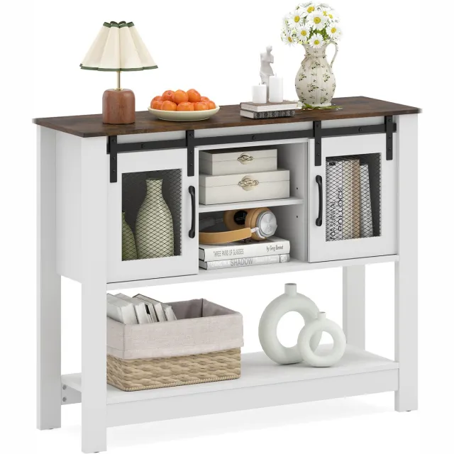 Costway Sideboard Hout, Haltafel met Opbergruimte, 2 Schuifdeuren, 2 Open Vakken, Verstelbaar Schap, Buffetkast Keukenkast, Entree-tafel voor Hal & Keuken, Moderne Kledingkast, 102 x 32 x 82 cm, Wit Rustiek bruin + Wit