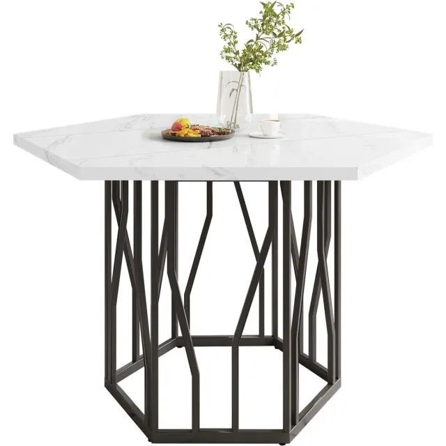 Merax Zeshoekige Eettafel – Elegante Wit Marmerlook Tafelblad – Moderne Tafel met Zwart Metalen Onderstel Zwart; Wit