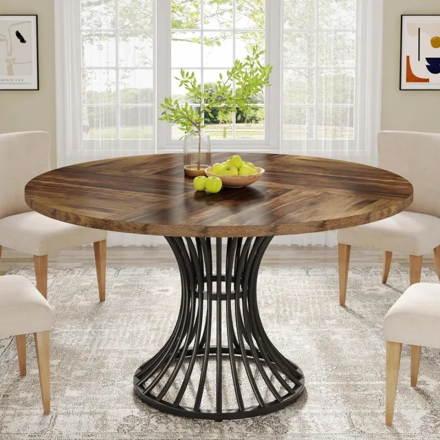 Tribesigns Ronde Eettafel - Keukentafel - 120 x 120 x 75 cm - Houten Eettafel Voor 4-6, Industriële Eettafel met Metalen Onderstel voor Keuken - Zwart en Bruin