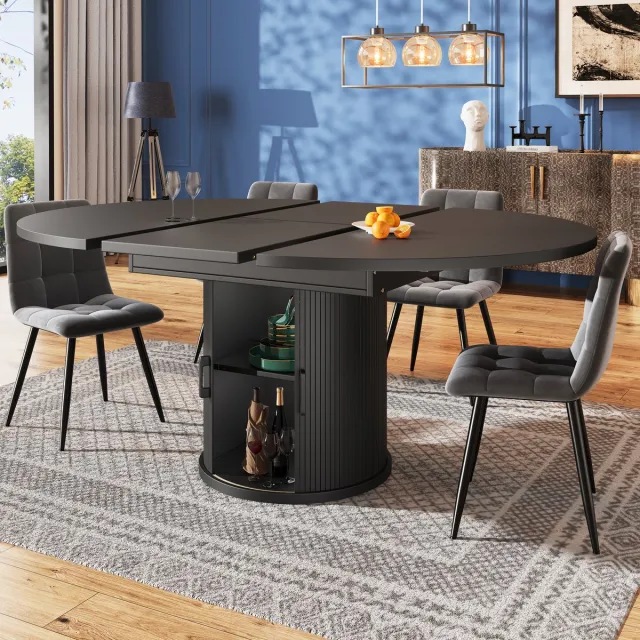 HAUSS SPOLE Eettafel - Uitschuifbare Ronde Eettafel Met Opbergruimte - Geschikt Voor 6 Personen Keuken Balkon Woonkamer - MDF - 118(158)x118x76,8 cm - Zwart