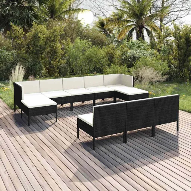 vidaXL 10-delige Loungeset met kussens poly rattan zwart, foto 2
