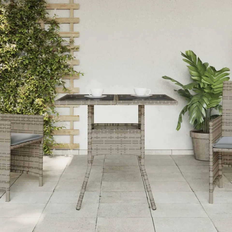 vidaXL Tuintafel met glazen blad 80x80x75 cm poly rattan grijs, foto 3