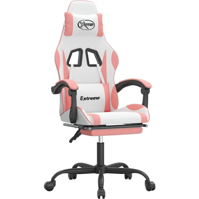 vidaXL Gamestoel - draaibaar - met - voetensteun - kunstleer - wit - en - roze wit en roze