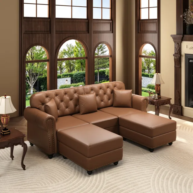 OKWISH Chesterfield Bank 210 cm - 3 Zitplaatsen met 2 Voetenbanken - Geknoopte Rugleuning en Rolarmleuningen - Woonkamer - Kunstleer - Bruin