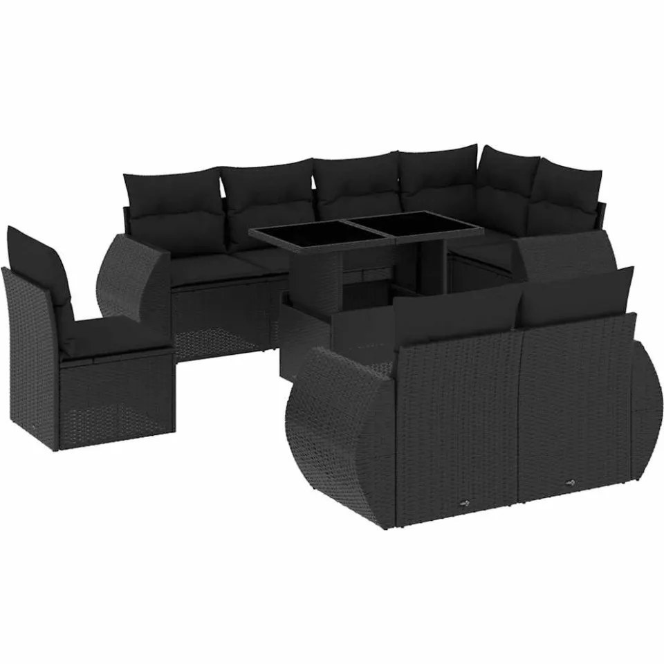 vidaXL 9-delige Loungeset met kussens poly rattan zwart, foto 3