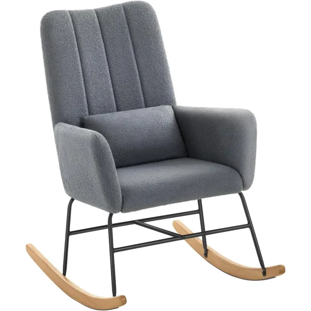 Songmics Schommelstoel met armleuningen - relaxstoel met fleece bekleed - stalen frame en poten van rubberhout - draagvermogen 136 kg - voor slaapkamer en woonkamer - grijs