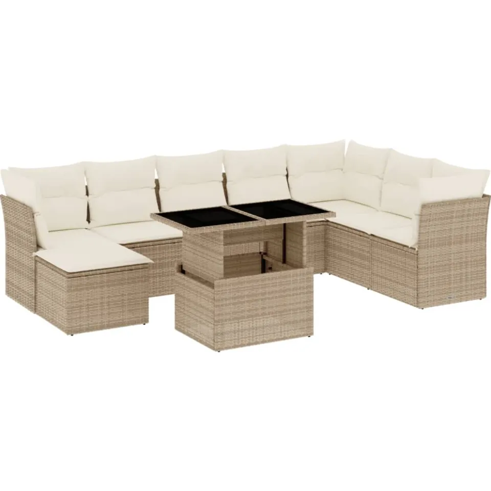 vidaXL 9-delige Loungeset met kussens poly rattan beige, foto 3
