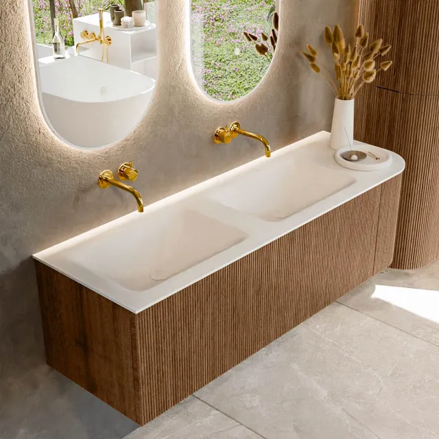 Mondiaz KURVE 145 cm Onderkast Greeploos 1 Lade Met Deuren Walnut, Wastafel Solid Surface Links Talc 0 Kraangaten Zonder Spiegel (KRVCLO145R1L1D0KD-Wal/Tal)