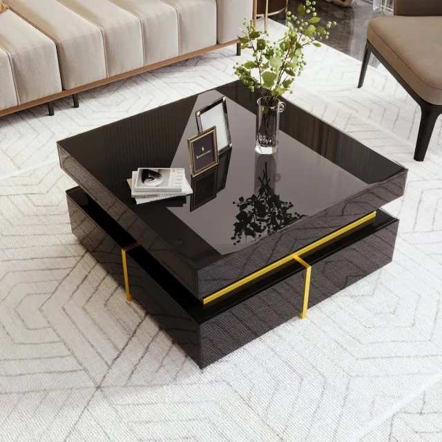 Clruro Salontafel - Met Lades - Hoogglans Met Gouden Accenten - Modern Design - MDF - Wit Zwart