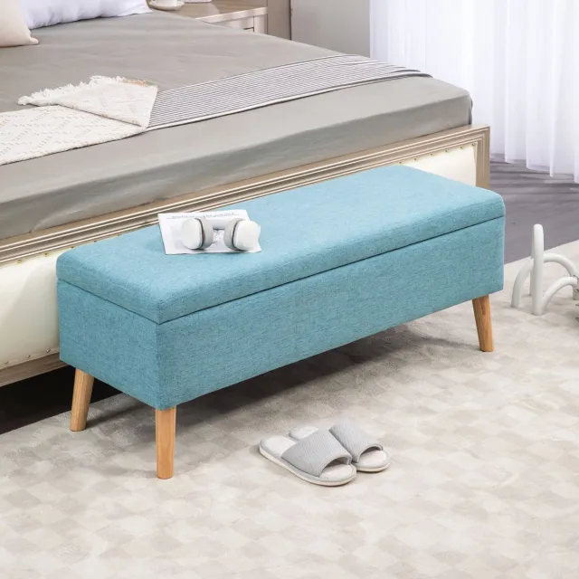 REDOM Opbergbank - Met opbergruimte en klapzitting - Stoffen bekleding in linnenlook - Scandinavische stijl - Woonkamer, hal en slaapkamer - Polyester en hout - Blauw - 110 x 39 x 45 cm