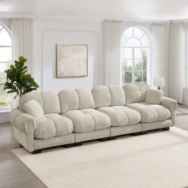 Wishdor Zitbank - 3-zits modulair en flexibel ontwerp - Met extra dikke zitkussens - Modern scandinavisch - Voor woonkamer en lounge - Chenille stof - Grijs - 330 x 86 x 90 cm Licht kaki (Recht)
