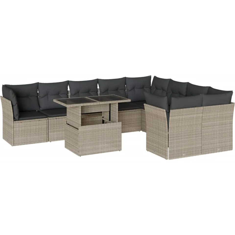 vidaXL 10-delige Loungeset met kussens poly rattan lichtgrijs grijs, foto 3