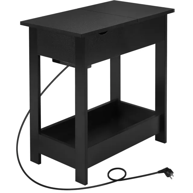 Mosh Stories Bijzettafel met Stopcontact & USB – Moderne Salontafel - Opbergruimte & Opklapbaar Tafelblad - Nachtkastje 60x30x60cm Zwart