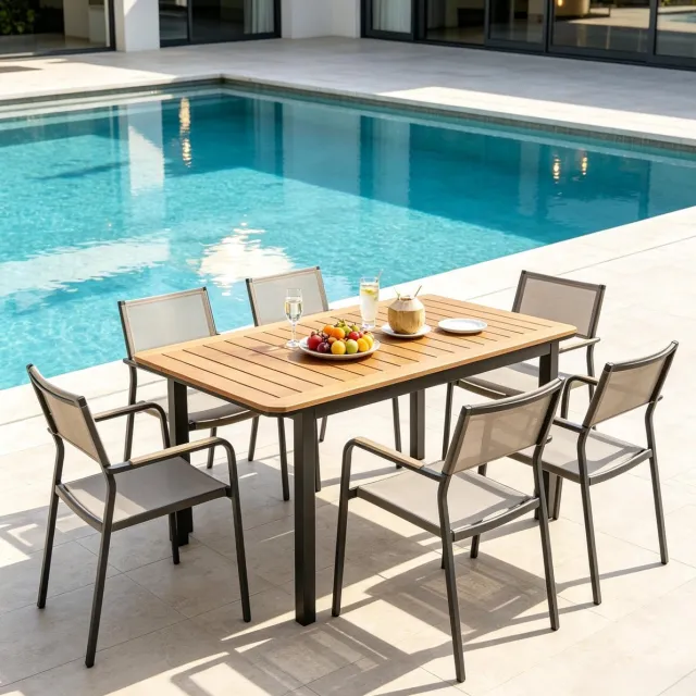 OKWISH Tuintafel Rechthoekige Eettafel Voor 6 Personen Met Houtlook Blad Weerbestendig Metaal Bruin 127 X 70 X 75 Cm Brown