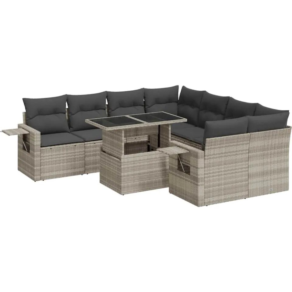 vidaXL 9-delige Loungeset met kussens poly rattan lichtgrijs grijs, foto 3