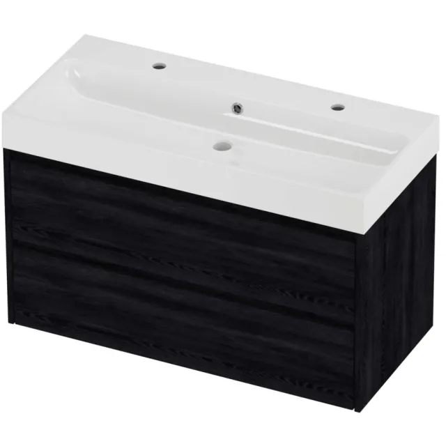 Proline Podium Badmeubelset Polystone Loft 2 Gaten 100x46x62 cm Glans Wit Black Oak