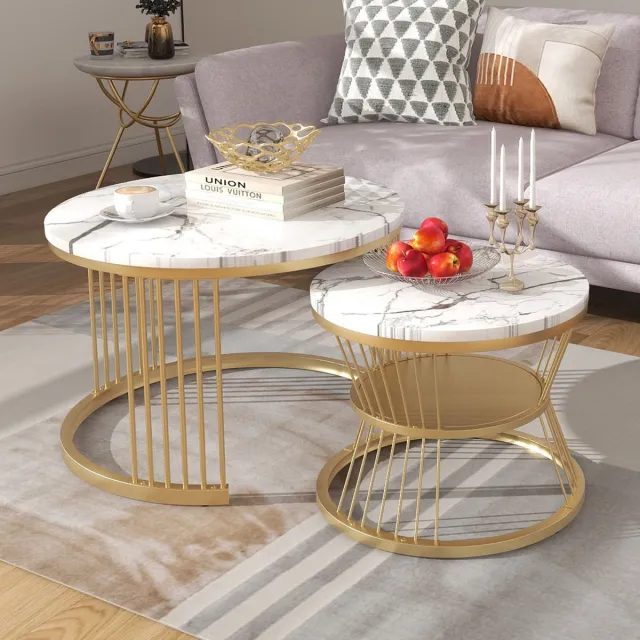 ROSAHQNDA Set van 2 ronde salontafels, 70x45,5cm, 45x40cm, tafel met wit blad en gouden pootondersteuning, ronde salontafel ingebouwd in de zijkant van de bank (wit blad + gouden poot) wit bureaublad + witte poot