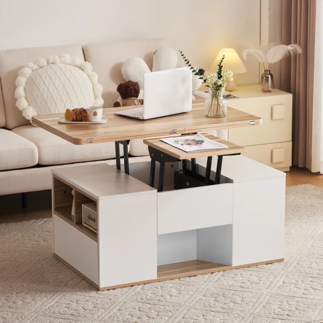 MEUNIQ Hoogteverstelbare salontafel 100 x 51 x 47 cm met opklapbaar 2-in-1 tafelblad, 2 lades, kastdeur en open vakken voor woonkamer, wit en naturel