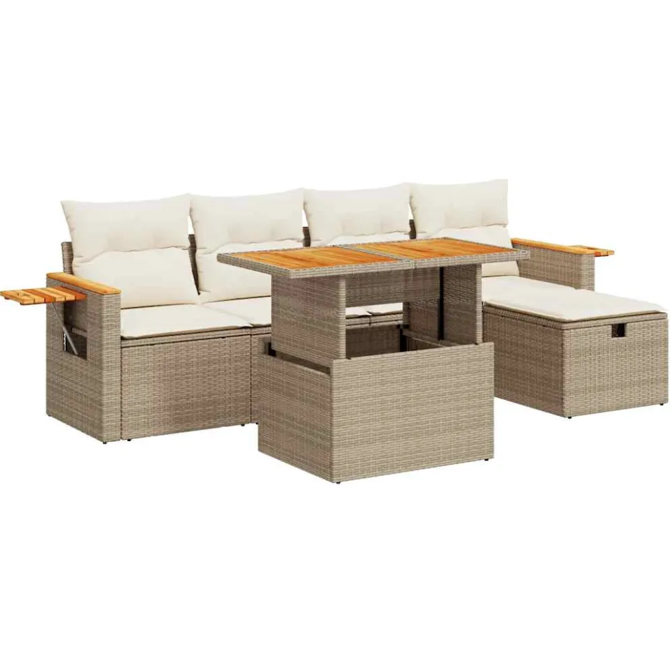 vidaXL 6-delige Loungeset met kussens poly rattan beige, foto 3