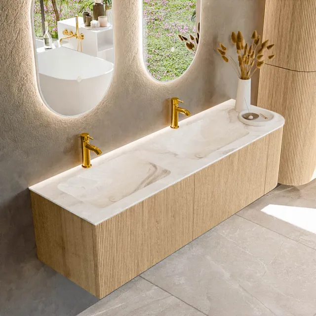 Mondiaz KURVE-DLUX 155 cm Onderkast Greeploos 2 Lades Met Deuren Oak, Wastafel Solid Surface Links Frappe 2 Kraangaten Zonder Spiegel (KRVLEA155R2L1D2KD-Oak/Fra)