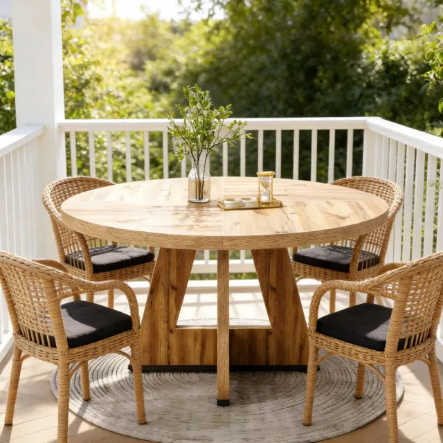 CHICFURN Eettafel - 4 personen - Rond - Middenpoot - Natuurlijk