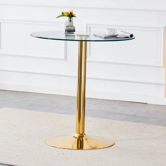 Wishdor Ronde Bartafel - Gehard Glazen Blad En Stabiele Metalen Voet - Minimalistisch Ontwerp - Voor Bar Of Zithoek - Glas En Metaal - Goudkleurig En Transparant - Tafelblad Diameter 89 Cm - Hoogte 92 Cm Goud, transparant