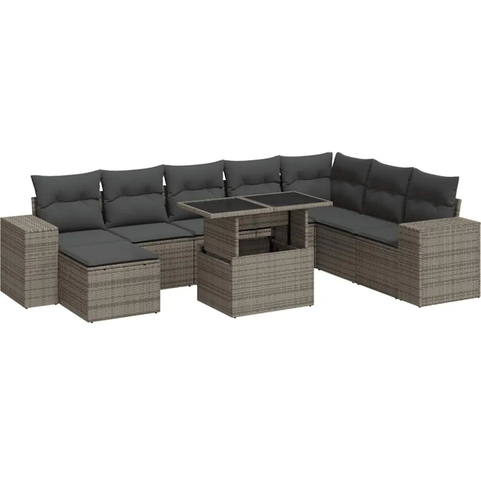 vidaXL 9-delige Loungeset met kussens poly rattan grijs, foto 3