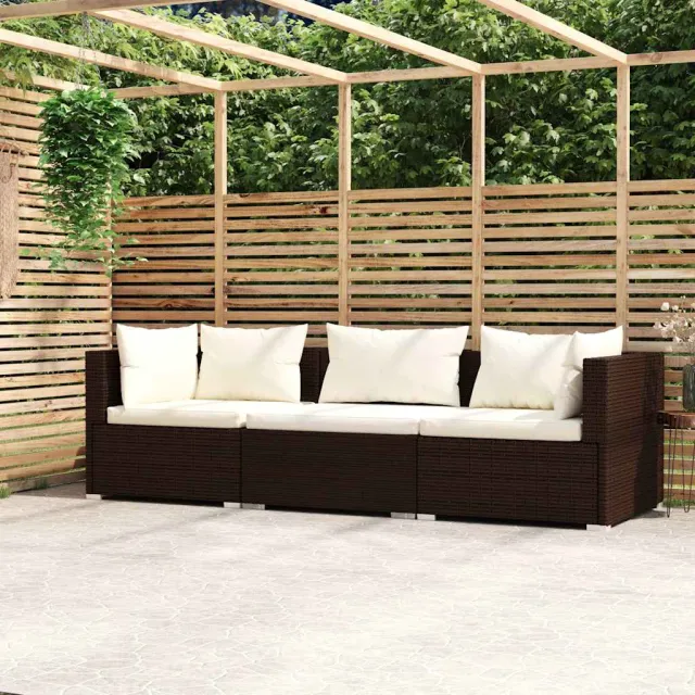 vidaXL Driezitsbank met kussens poly rattan bruin, foto 2