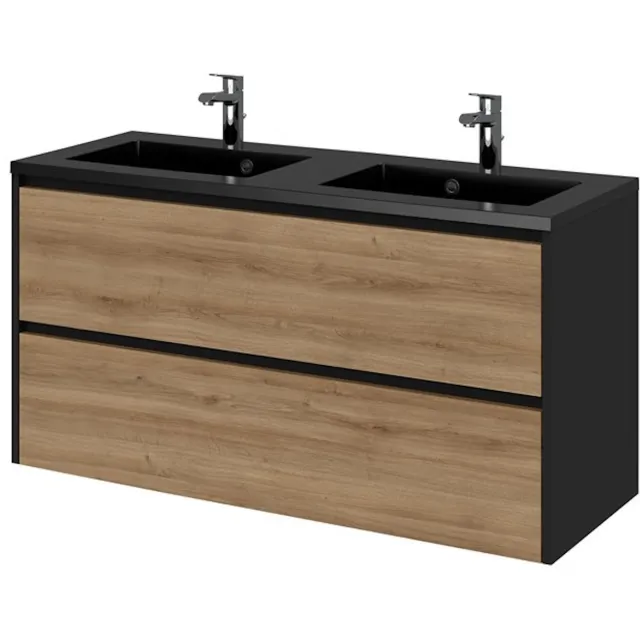 Tiger Reverse Meubelset 120 cm met 2 lades Chalet eik - Mat zwart incl Quadro wastafel dubbel Mat zwart - 800324 Eiken