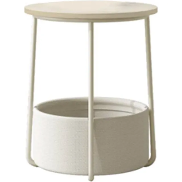 MAZAZU MIRA Home - Bijzettafel rond met stoffen mand - Nachtkastje - Crème/Wit - 45x45x50 cm