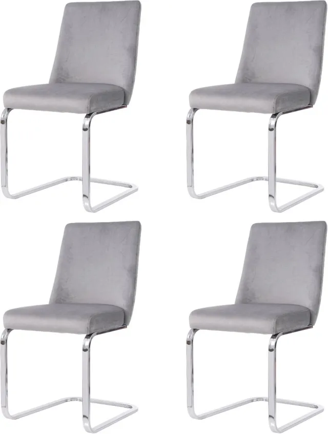 Merax Fluwelen eetkamerstoel - set van 4 - woonkamer - slaapkamer - loungestoel - diamanten rugmotief met zilverkleurige metalen steunpoten - grijs Grijs en Goud