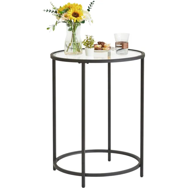 Unyqoos Ronde glazen bijzettafel met metalen frame voor woonkamer of kantoor zwart