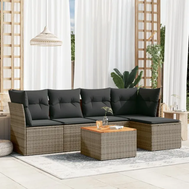 vidaXL 6-delige Loungeset met kussens poly rattan grijs, foto 2