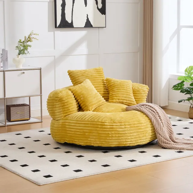 FloraGrace Zitzakstoel 108 x 108 x 52 Cm - Hoge Rugleuning - Voor Woonkamer En Slaapkamer - Ribstof - Mosterdgeel