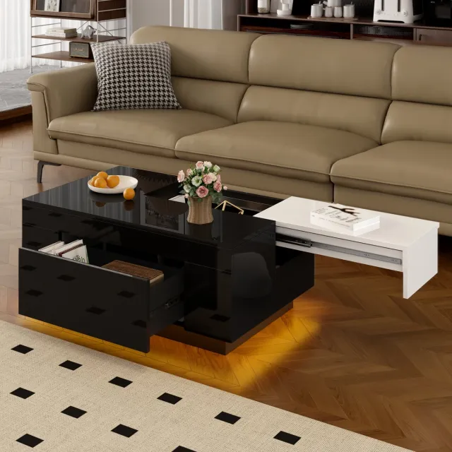 MIVRAY Salontafel - Uitschuifbaar Met Led En Lade - Voor Moderne Woonkamer - Mdf Hoogglans Zwart Wit - 80x50x35,5 Cm