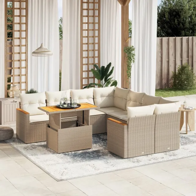 vidaXL 9-delige Loungeset met kussens poly rattan beige, foto 2