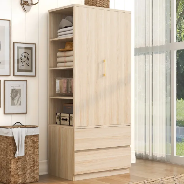 DESMIU Kledingkast - Met Hanggedeelte, Open Legplanken en Twee Laden - Voor Slaapkamer en Kinderkamer - Hout - Houtkleur - 70 x 50 x 175 cm