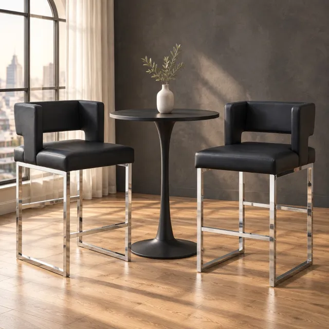 CHICFURN Barkruk - Set van 2 - Gewatteerde zitting - Met rugleuning - Zwart en zilver