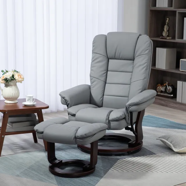 DESMIU Relaxfauteuil 85 x 82 x 106 cm - 360 Graden Draaibaar Met Ligfunctie En Hocker - Voor Woonkamer - Kunstleer Grijs
