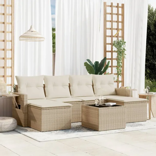 vidaXL 7-delige Loungeset met kussens poly rattan beige, foto 2