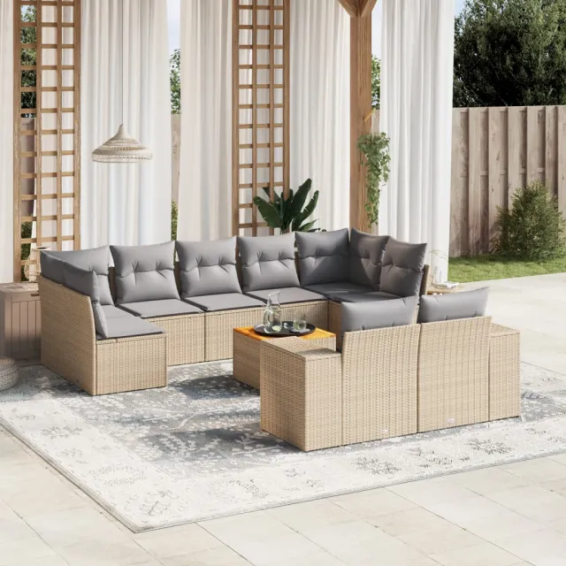 vidaXL 10-delige Loungeset met kussens poly rattan beige, foto 2