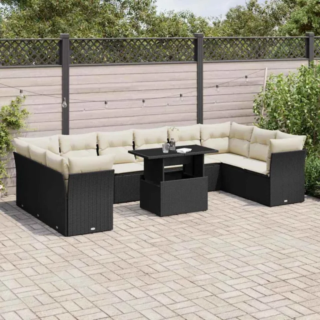 vidaXL 11-delige Loungeset met kussens poly rattan zwart, foto 2