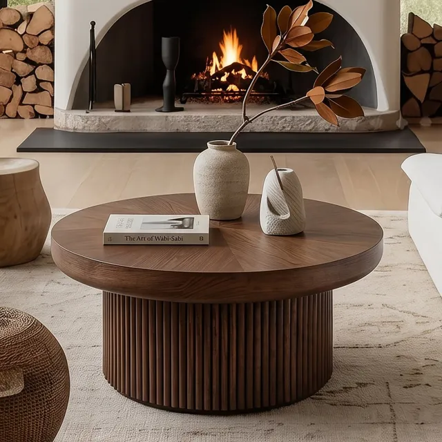 COVREO Salontafel 78x78x38,5 cm walnootkleur, van hout met ronde vorm Walnut