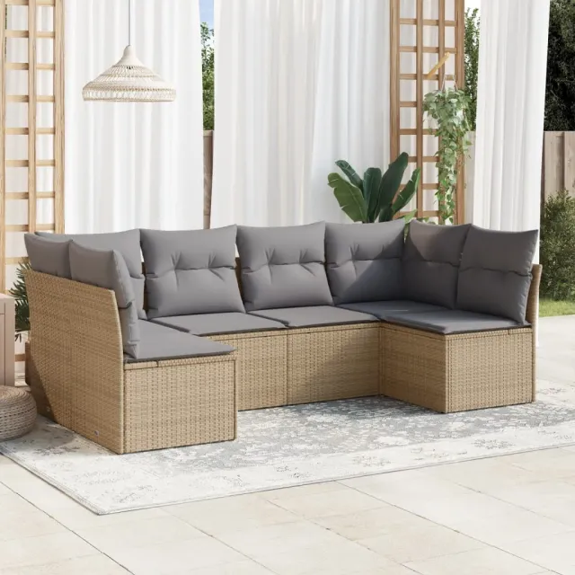vidaXL 6-delige Loungeset met kussens poly rattan beige, foto 2