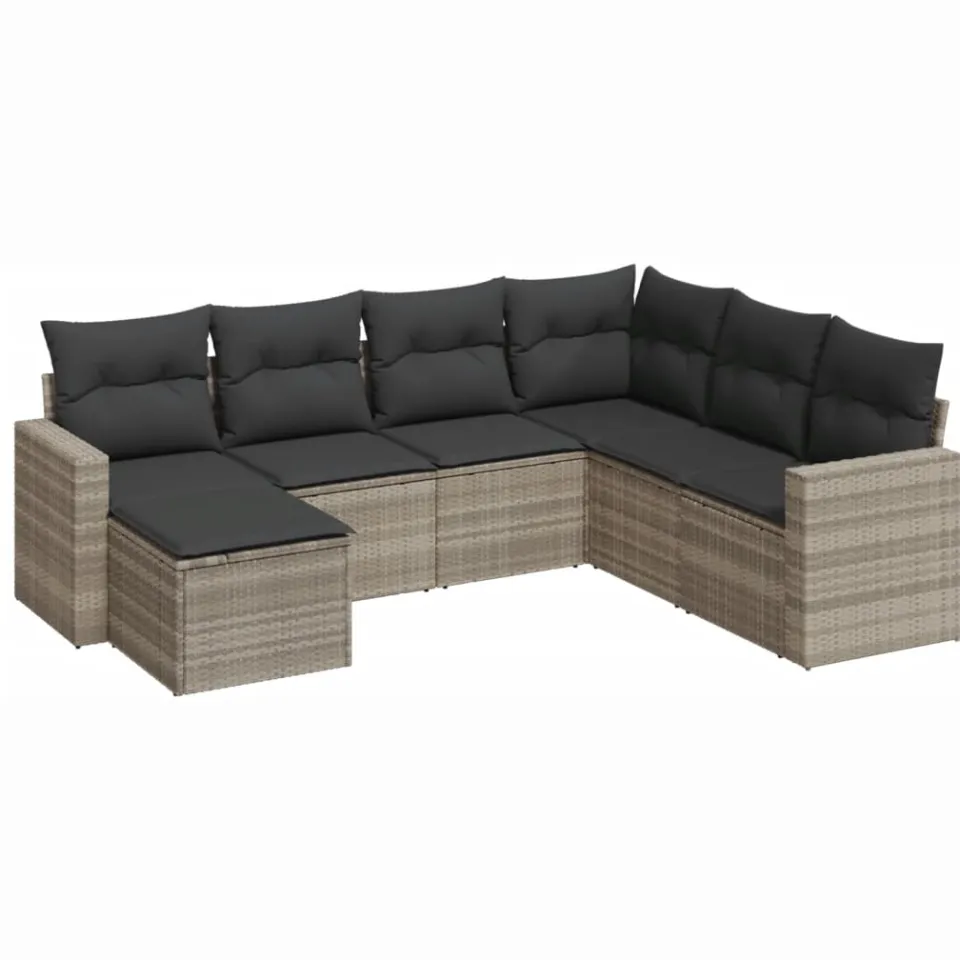 vidaXL 7-delige Loungeset met kussens poly rattan lichtgrijs